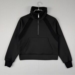 LASLULU Half Zip High‎ Neck Cropped Sweatshirt S Black Fleece Lined Thumbholes